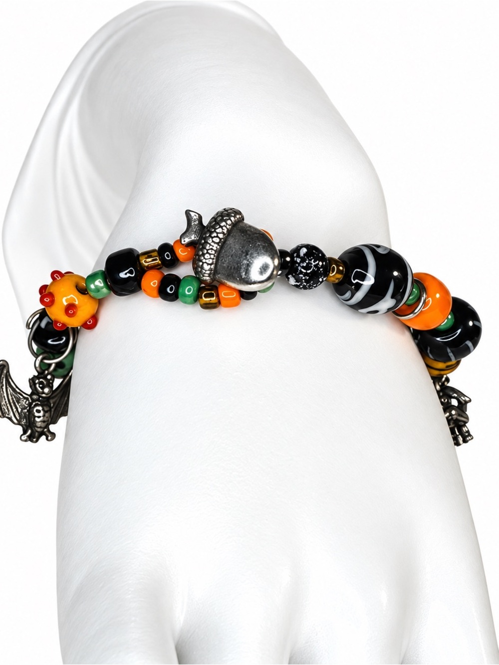 Handmade Black, Orange & Green Beaded Charm Bracelet with Pewter Acorn 8 inches